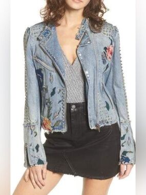 Blank NYC Light Blue Embroidered Studded Denim Jacket